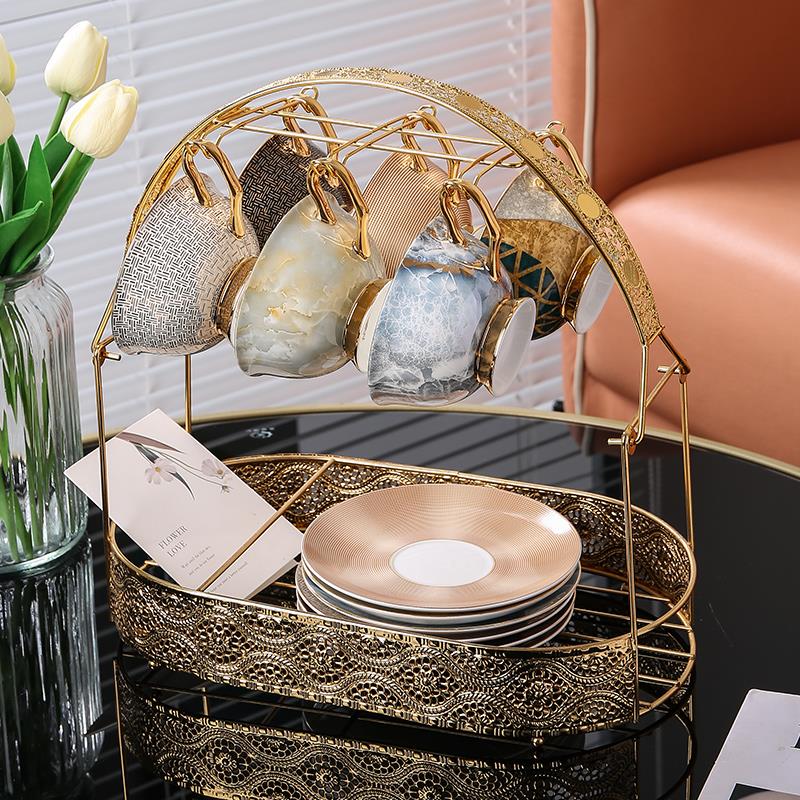 创意金色收纳架铁架子水杯挂架欧式6套杯碟壶挂架挂钩咖啡杯架子