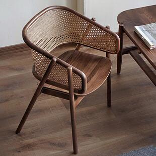 北欧实木藤编餐椅覆古家用扶手靠背书桌椅子单人休闲茶室胡桃圈椅