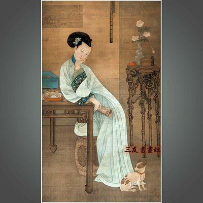 冷枚春闺倦读图高清卷轴挂画清代国画人物古画真迹复制品装饰临摹