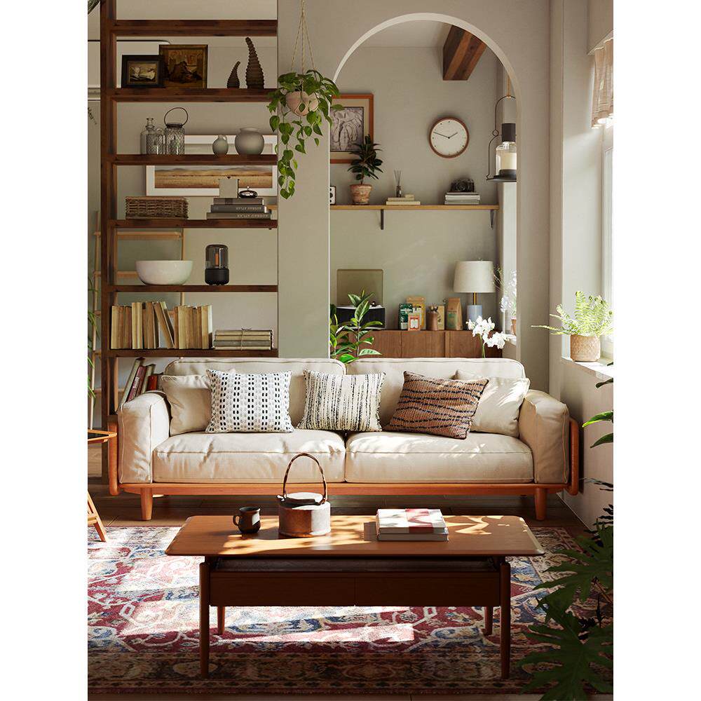 番茄日记樱桃木实木沙发客厅新中式北欧原木风真皮三人位直排沙发