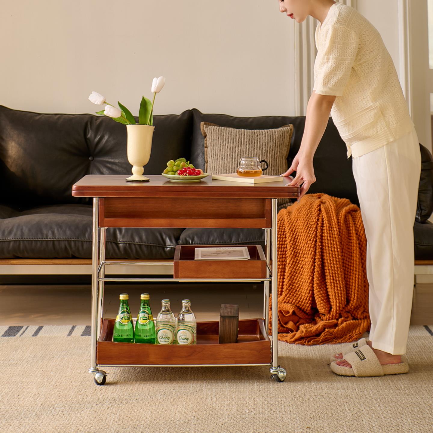 实木折叠茶几中古家用客厅小推车小户型覆古移动沙发升降边几角几