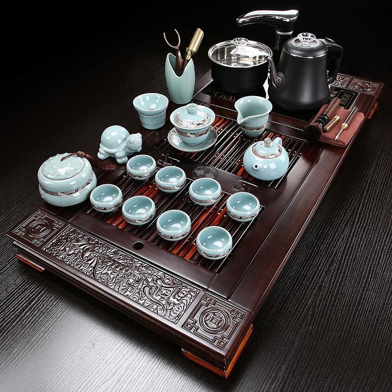 功夫茶具套组黑檀木茶盘家用电磁炉全自动一体轻奢高档花梨木茶台