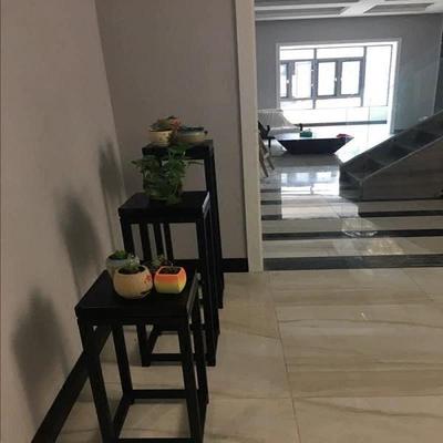 新中式花架金属雕塑台现代简约风格铁艺实木黑胡桃色花几边几