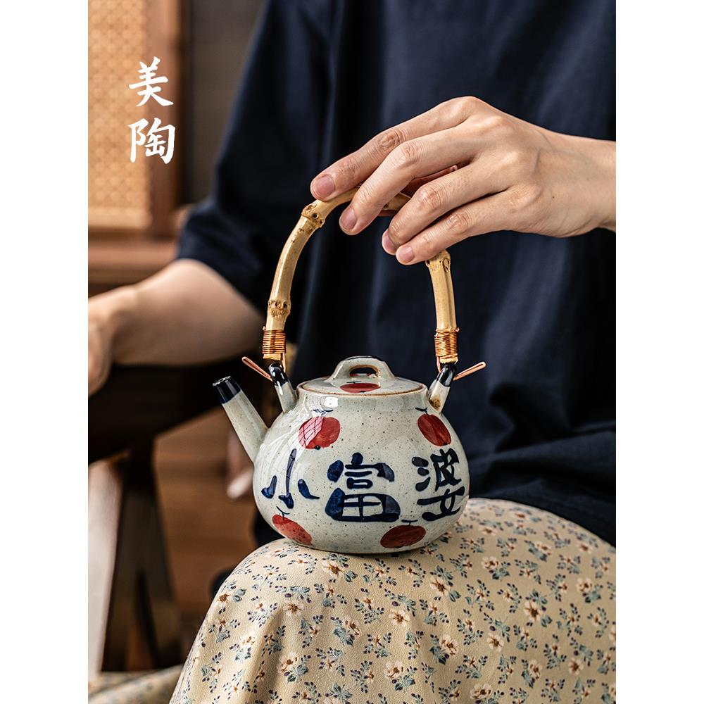 景德镇陶瓷茶壶[手绘富婆小茶壶套装]粗陶柄少女茶壶一人小壶