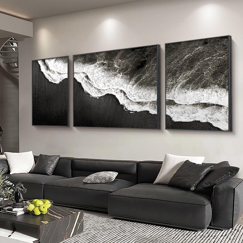 黑色海滩三联客厅装饰画轻奢大气沙发背景墙挂画海景图极简风壁画