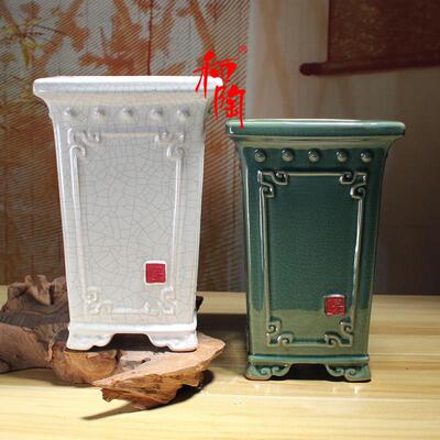 兰花盆冰裂釉陶瓷花盆悬崖老桩盆景石湾花盆简约透气高筒盆景盆