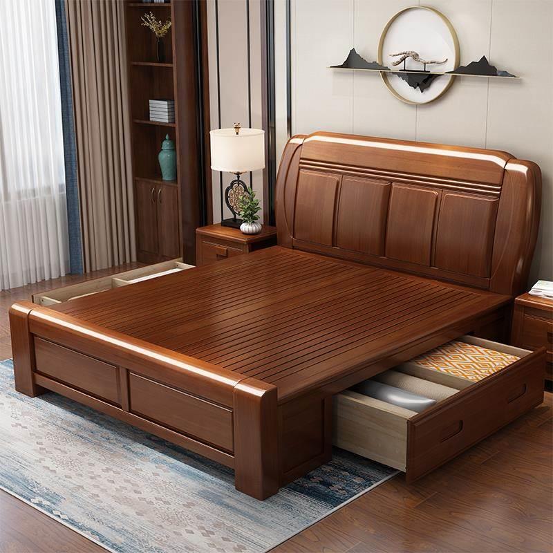 中式主卧室全实木大床 原木高箱储物家具 1.8米1.5家用双人箱体床
