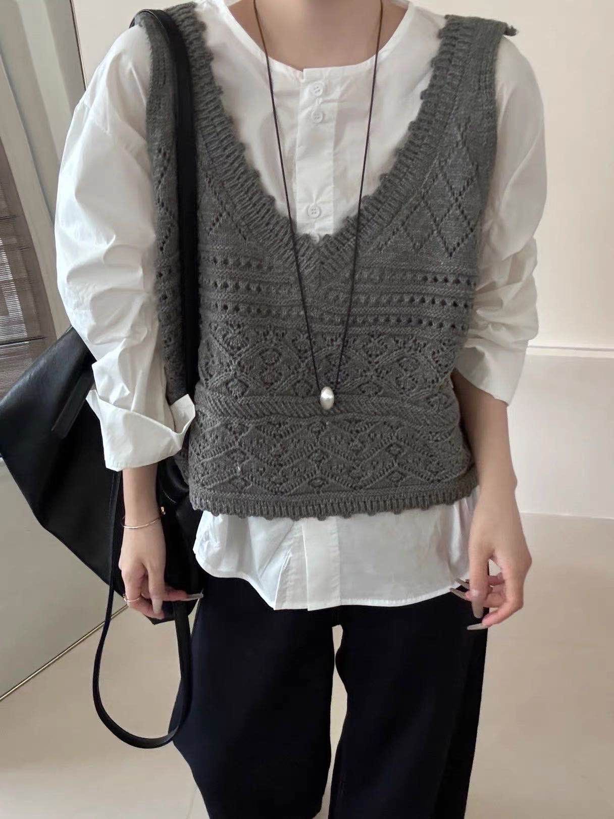 【小田专享】法式花边镂空针织马甲背心白色衬衫叠穿两件套1112