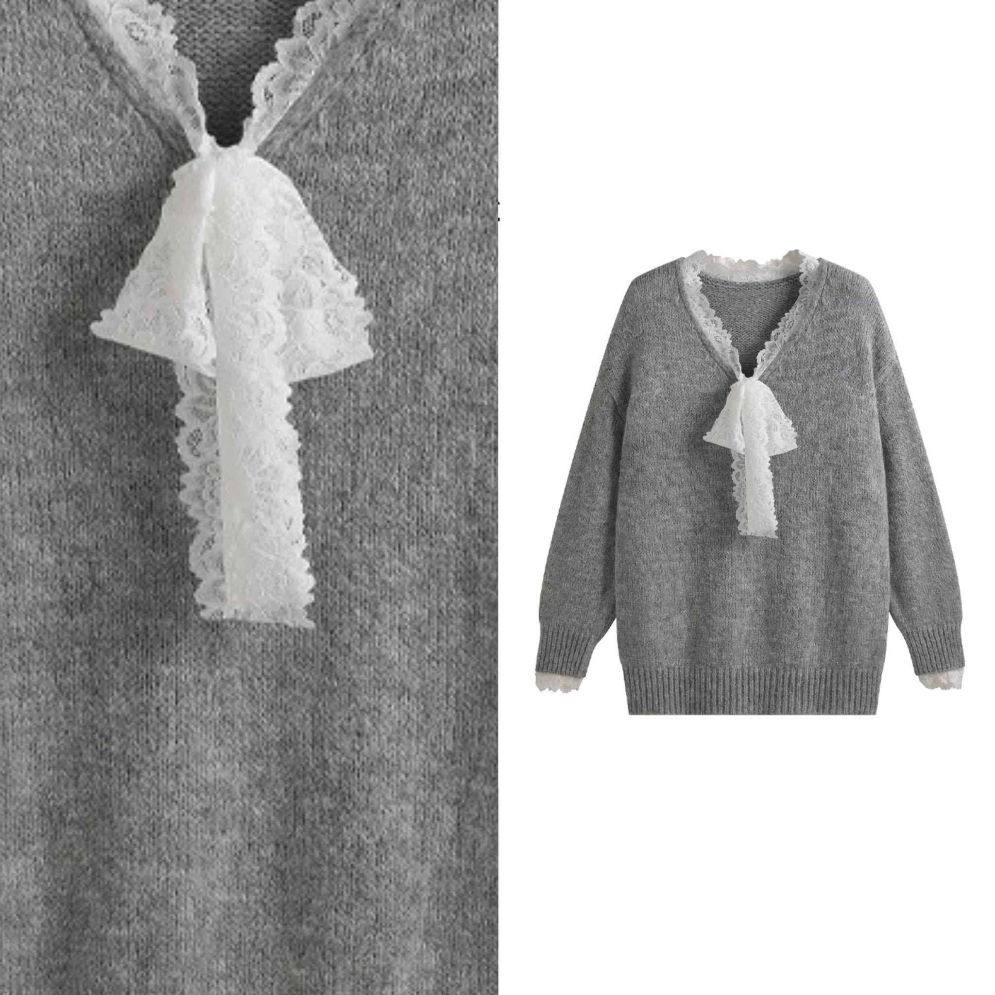 AndM高端Studio 中长花边系带粗针毛衣女慵懒时尚针织套头衫1118