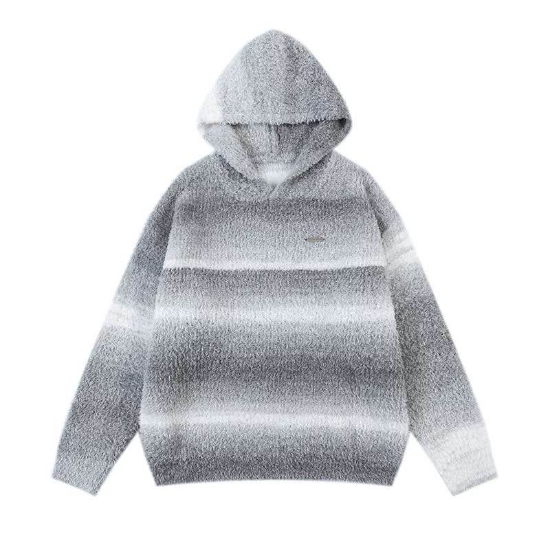 【甜甜圈专享】美式复古条纹渐变连帽毛衣针织衫外套1130