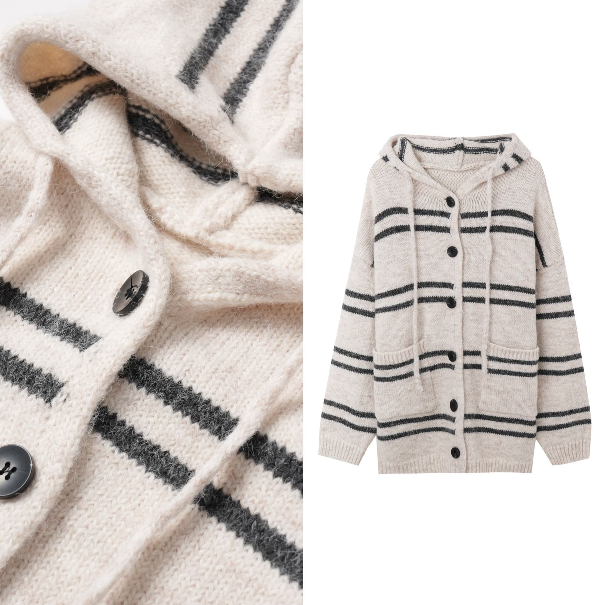 【小四专享】韩版宽松连帽慵懒风条纹中长款毛衣开衫韩版外套潮