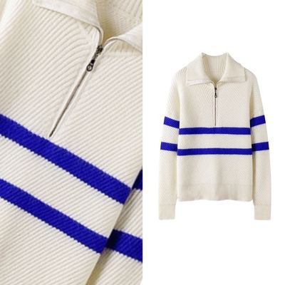 【甜甜圈专享】半拉链翻领拼色条纹针织毛衣宽松打底羊毛衫1225