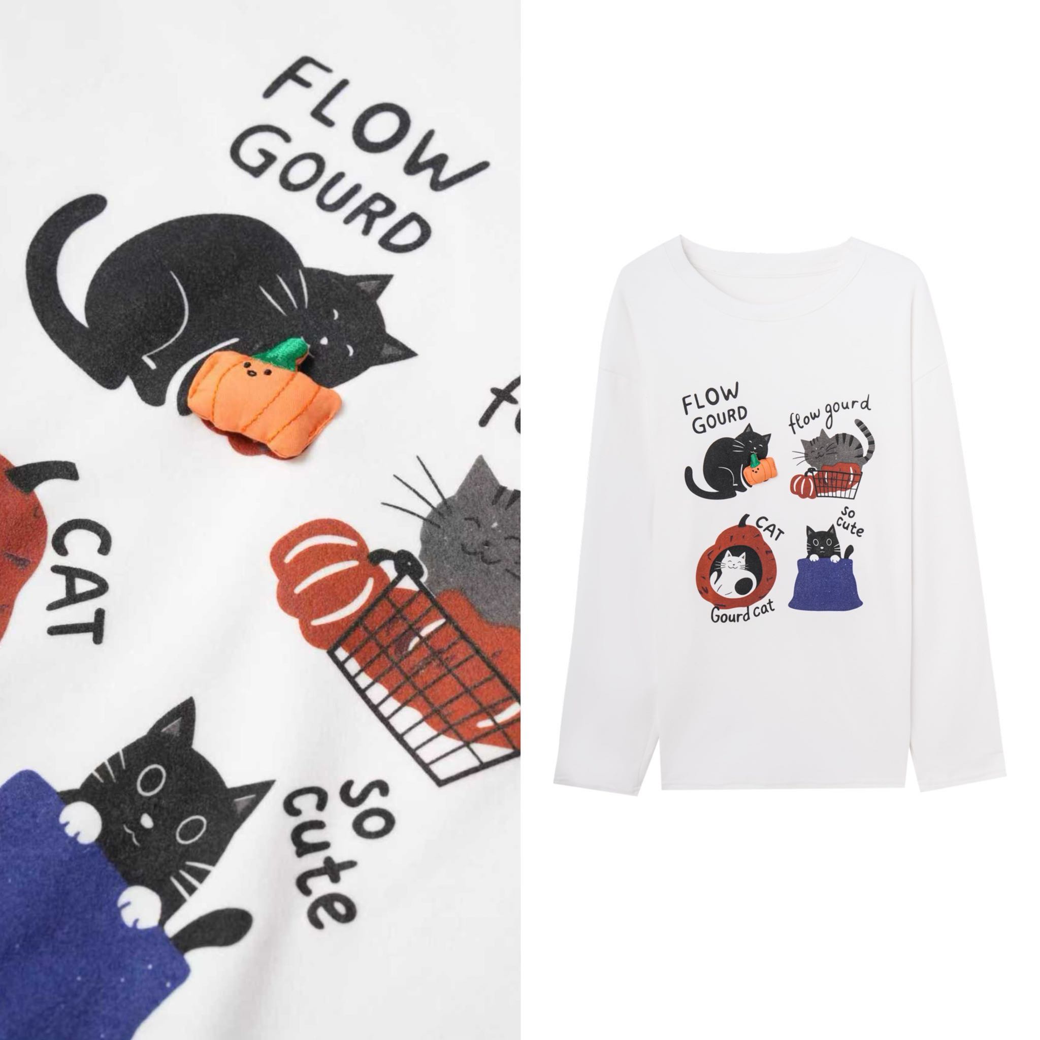 【甜馨专享】韩版立体南瓜拼接猫咪印花磨毛T恤减龄百搭上衣潮