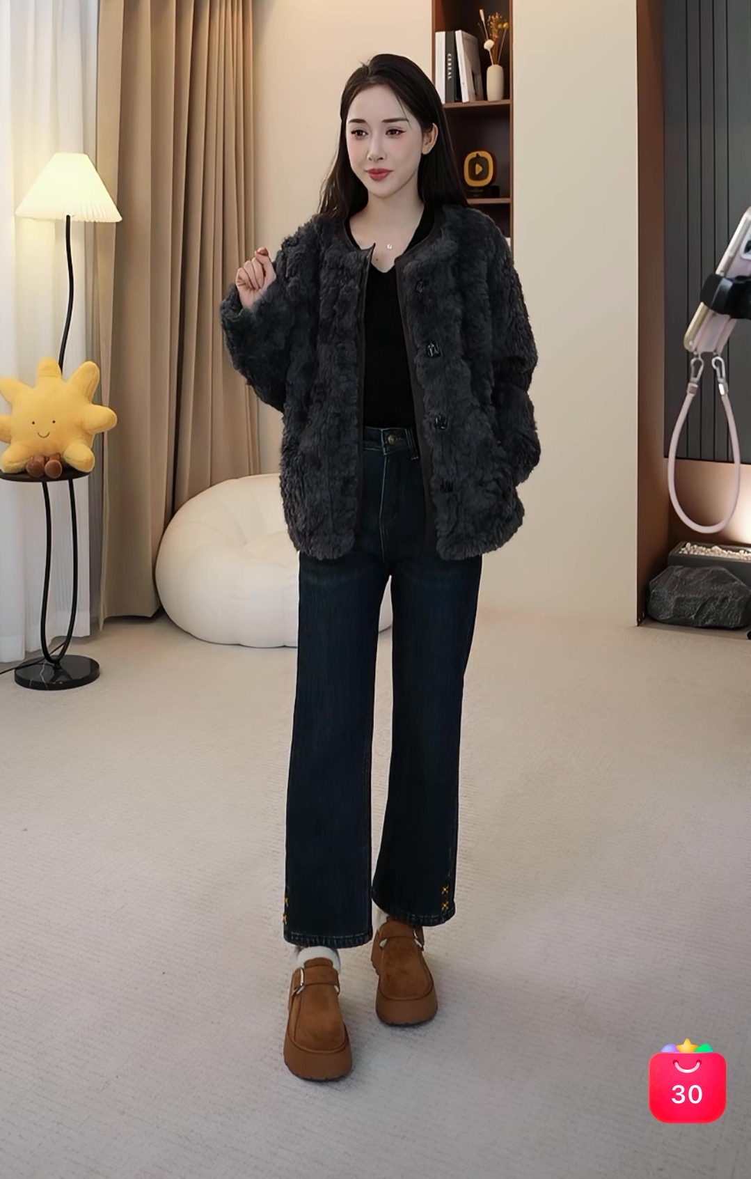 【小四专享】1652加绒加厚牛仔裤复古高腰直筒裤