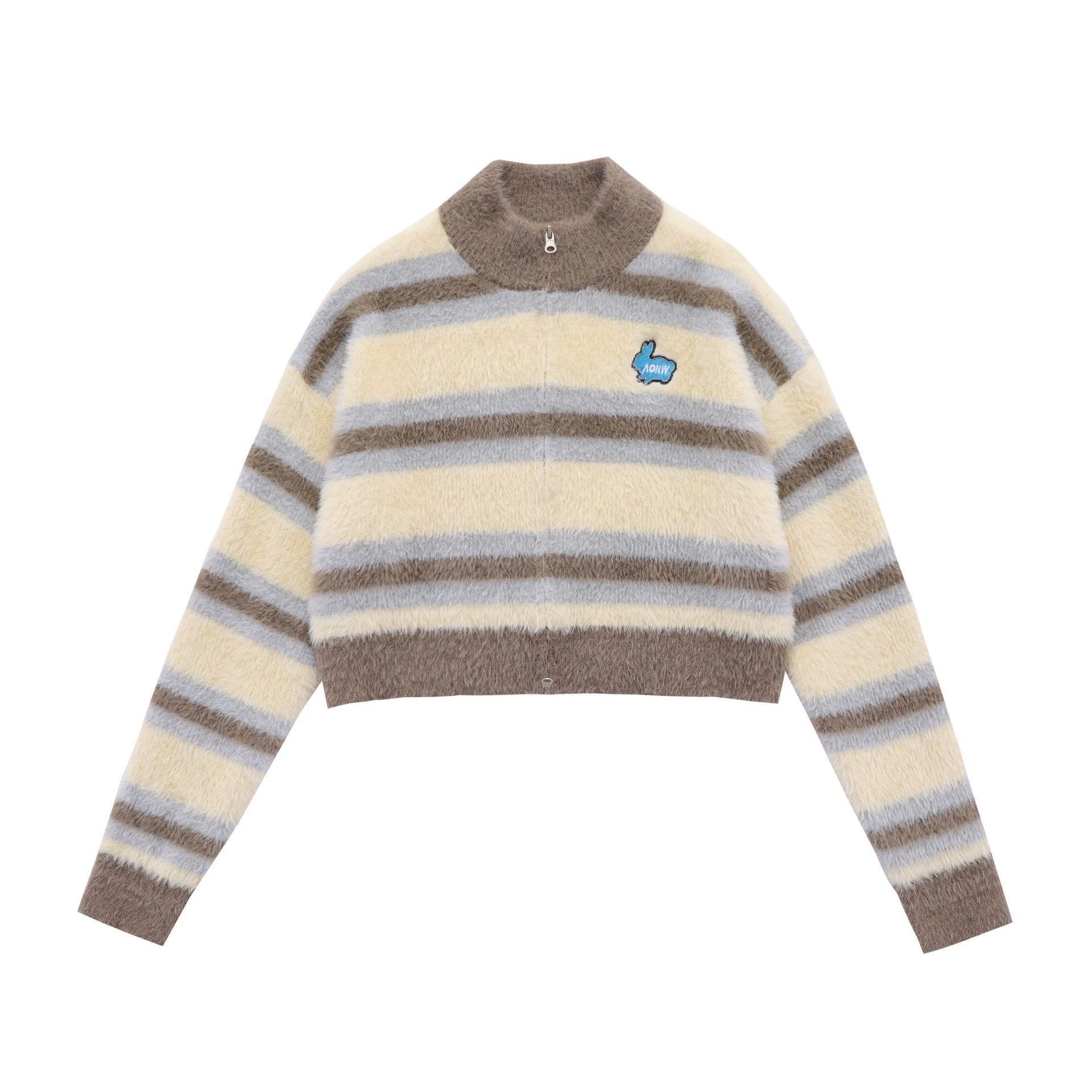 【小田专享】复古港风港风拼色条纹开衫毛衣减龄短款外套