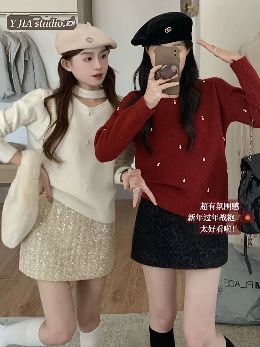 【小乐专享】韩系设计感v领挂脖亮丝钉珠针织宽松长袖针织衫潮