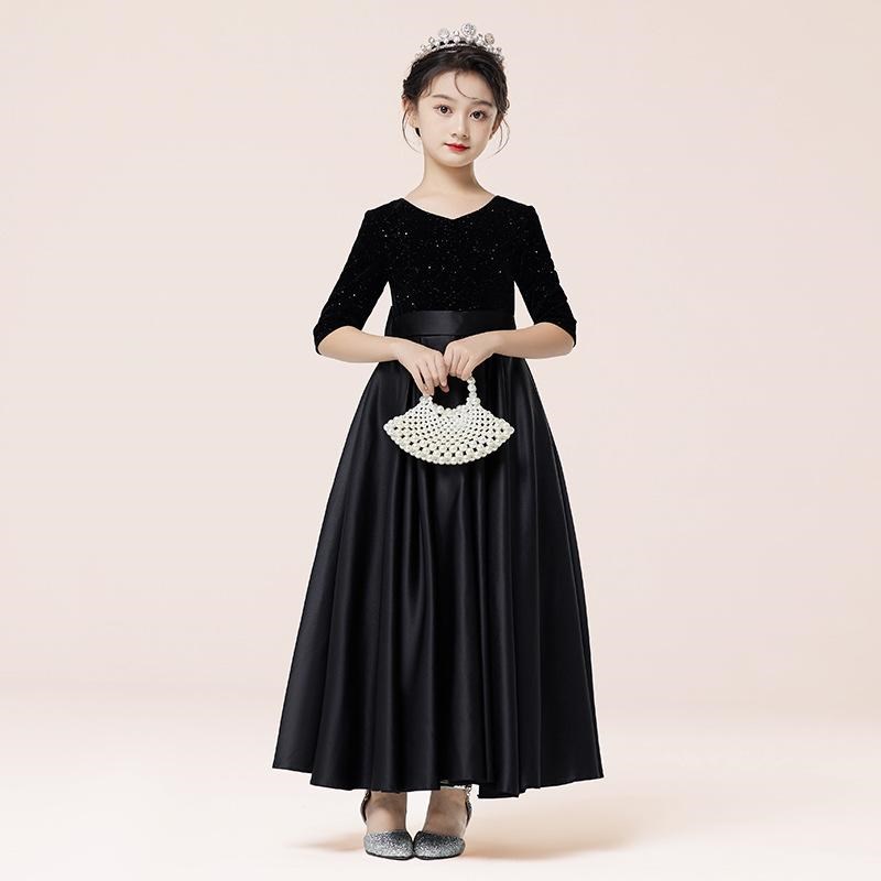 女童黑色b礼服裙高级质感儿童生日公主裙女孩宴会主持走秀钢琴演