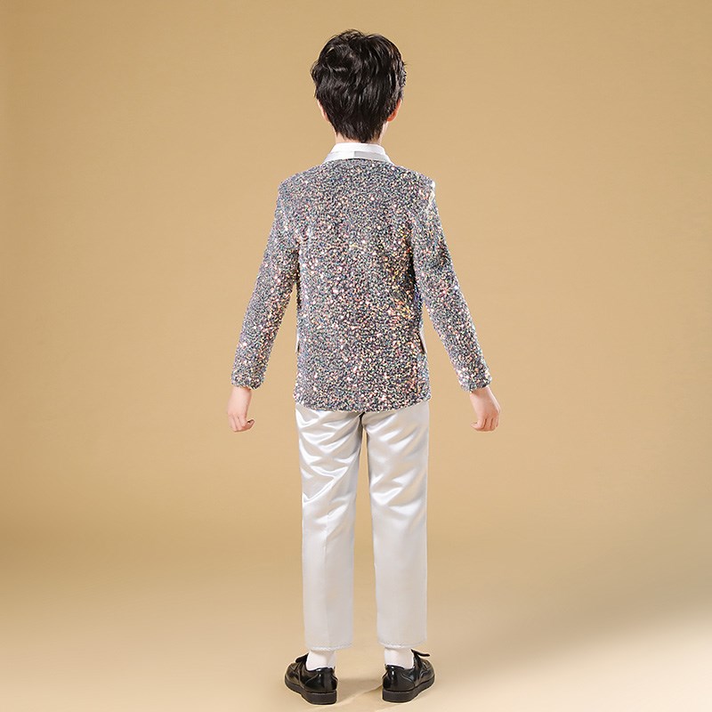 小男孩幻彩灰亮片钢琴表演礼服男童舞台演出服小S西装西裤衬衫套