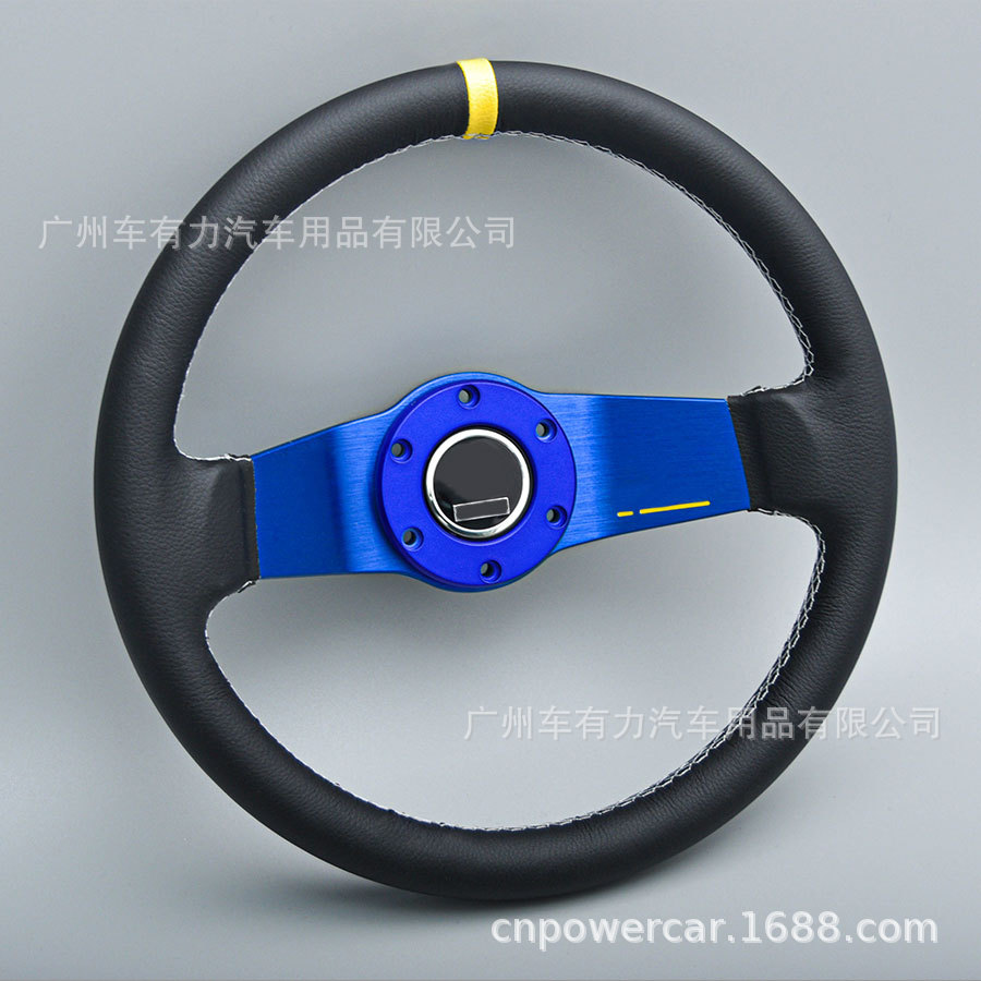厂家直销汽车319MM皮革方向盘中凹蓝色一字架方向盘