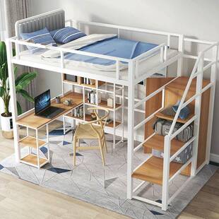 北欧简约高架床铁艺双人床阁楼置物架铁艺床单身公寓上下床下桌