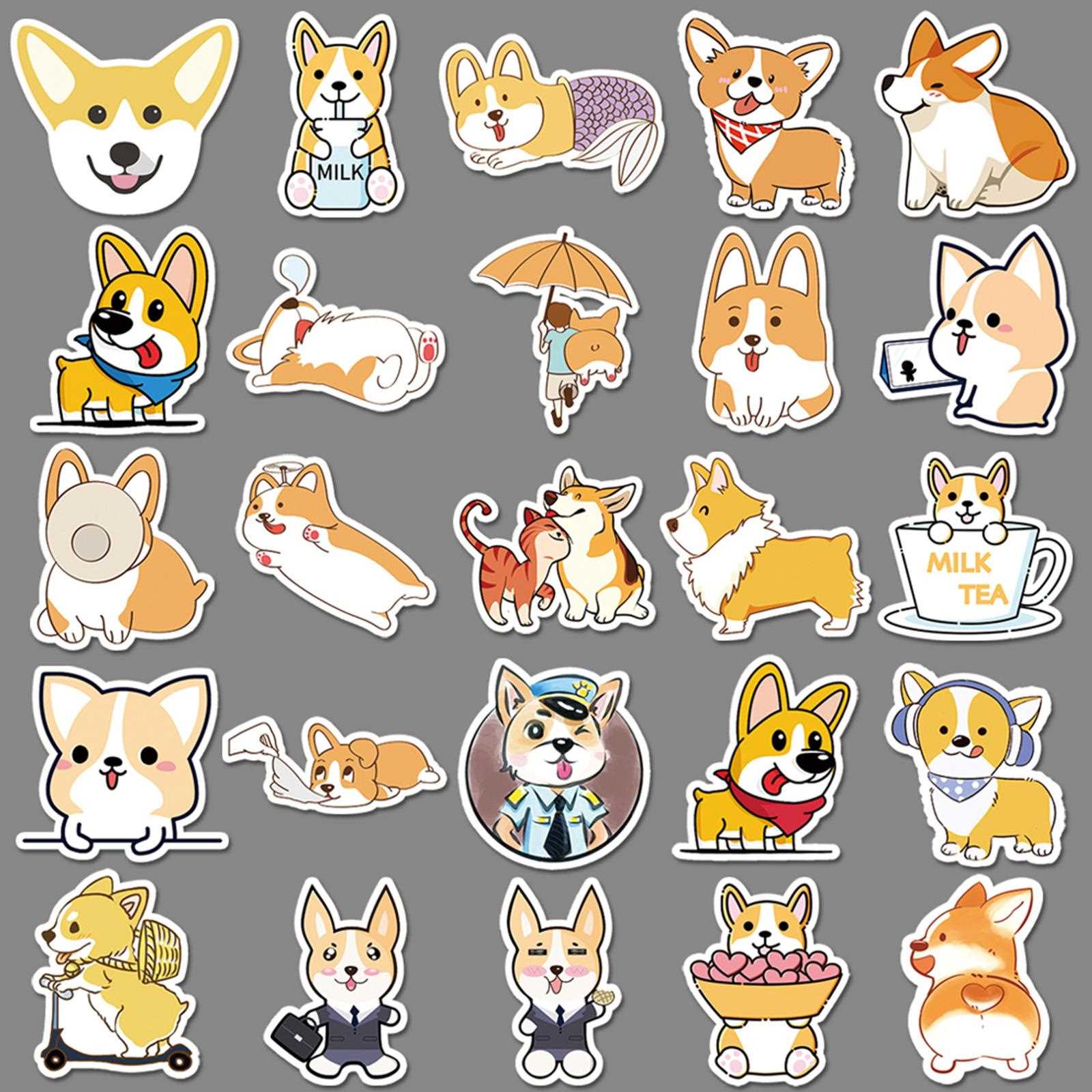 直销新款50张柯基卡通贴纸行李箱摩托车滑板车防水汽车手机装饰贴