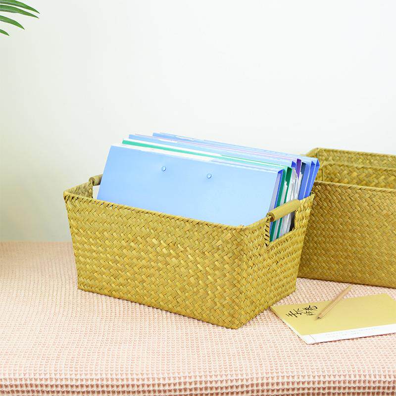 新款直销海草编织木把抽屉收纳筐家居书房桌面杂物储物篮竹编大号