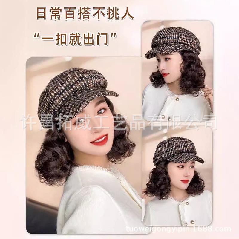 直销新款新款秋冬帽子假发一体女羊毛呢显白砖红贝雷帽短卷发妈妈