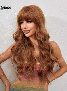 新款直销假发Tik Tok齐刘海全头套棕色红色假发女长卷发玫瑰网高