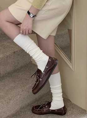 手工缝头微压灰色系韩版宽条双针小腿袜针织款纯色奶白长筒堆堆袜