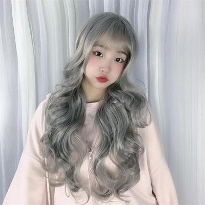 直销新款跨境外贸假发女奶奶灰长卷发齐刘海气质化纤全头套现货高