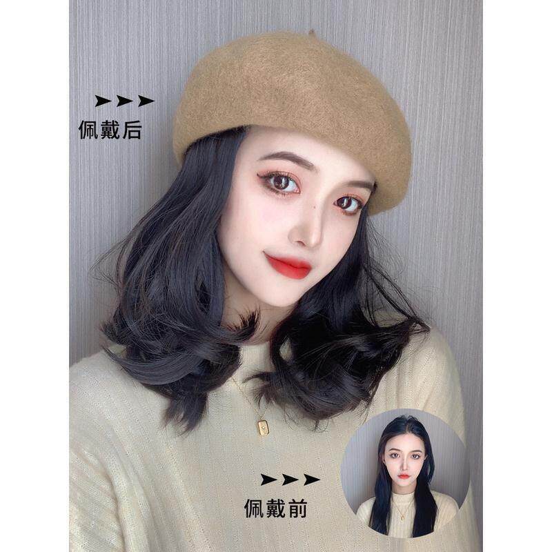 新款直销贝雷帽子女网红帽子假发一体短卷锁骨发短发韩版潮秋冬时