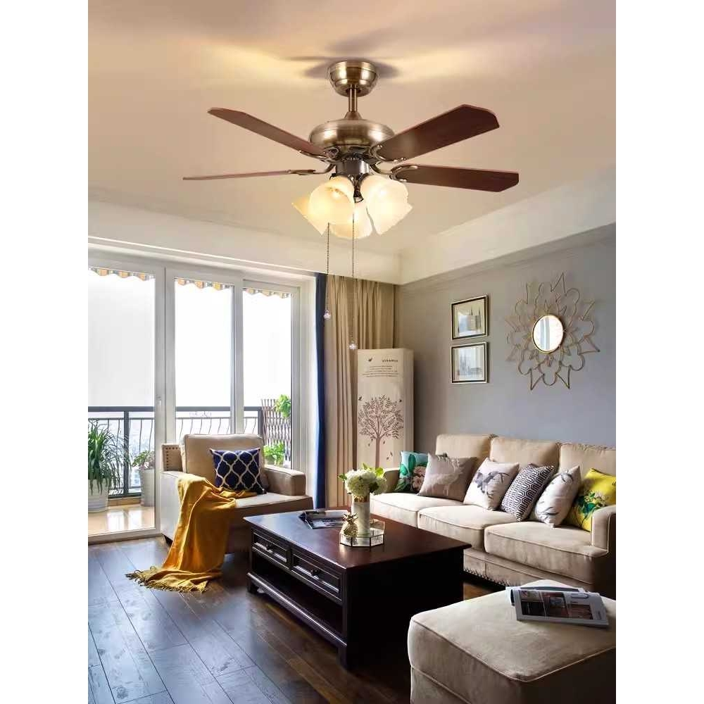 新款直销美式乡村风扇灯吊灯木叶复古客厅卧室灯具餐厅三头吊扇灯