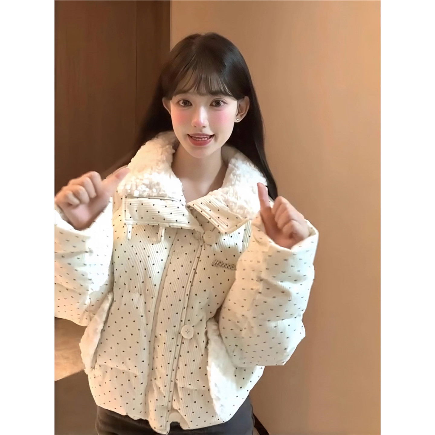 灯芯绒波点羽绒棉服女秋冬季新款加厚宽松毛领面包服短款外套上衣