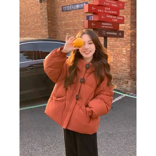 橘红色短款羽绒棉服女秋冬新款韩系小个子连帽立领面包服外套加厚