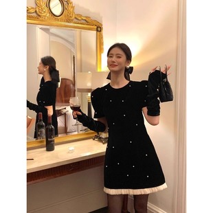 礼服短裙 晚会礼服小洋装 法式 高级感丝绒钉珠连衣裙2025年春秋新款