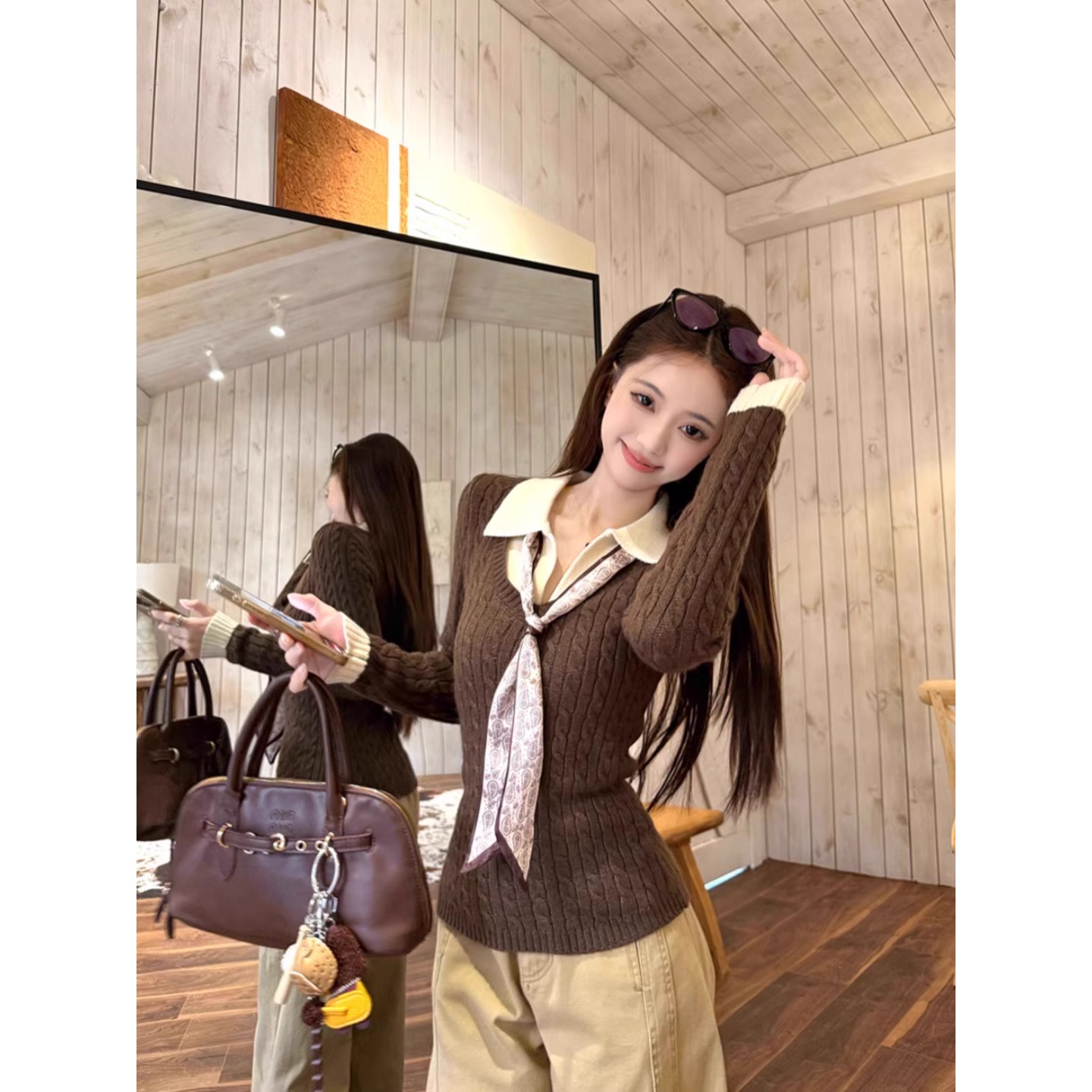 设计感拼接假两件毛衣针织衫女秋冬短款复古咖色长袖打底内搭上衣