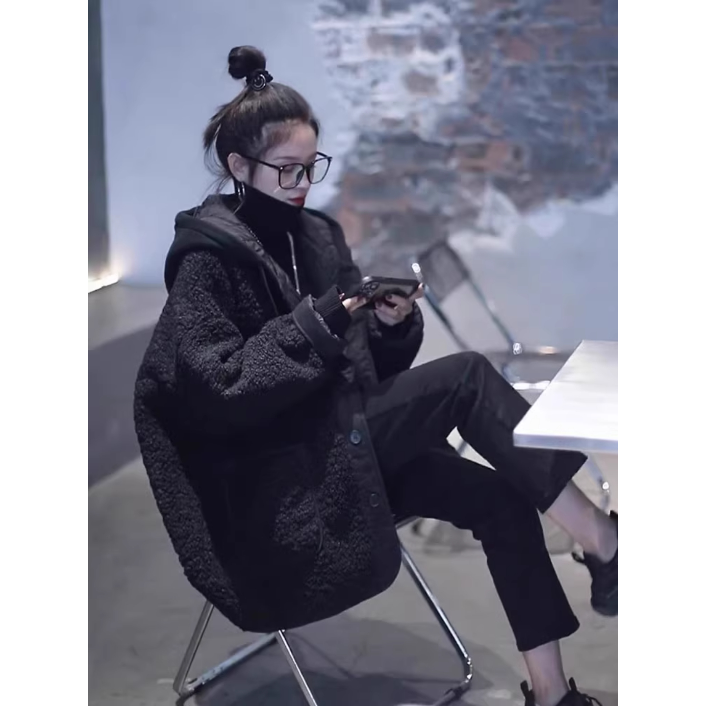 黑色加绒连帽羊羔毛外套女秋冬新款小个子爆款高级感夹棉加厚上衣