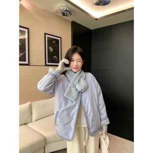 复古加厚保暖设计感带围脖外套女 新款 两面穿条纹长袖 棉服2025秋季