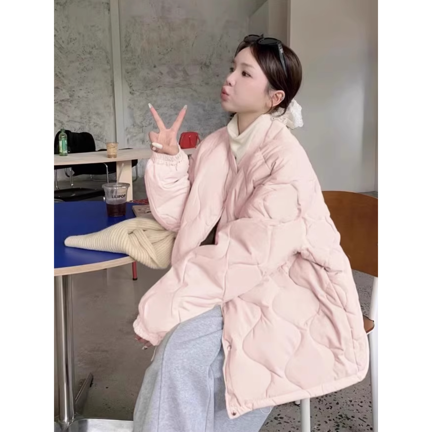 淡淡紫菱格羽绒棉服女装粉色冬季新款宽松短款棉袄小个子棉衣外套