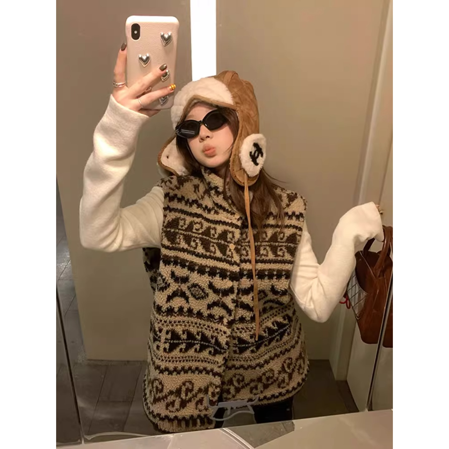 费尔岛提花羊羔毛马甲女2025新款立领韩系外穿麂皮绒皮毛一体马甲