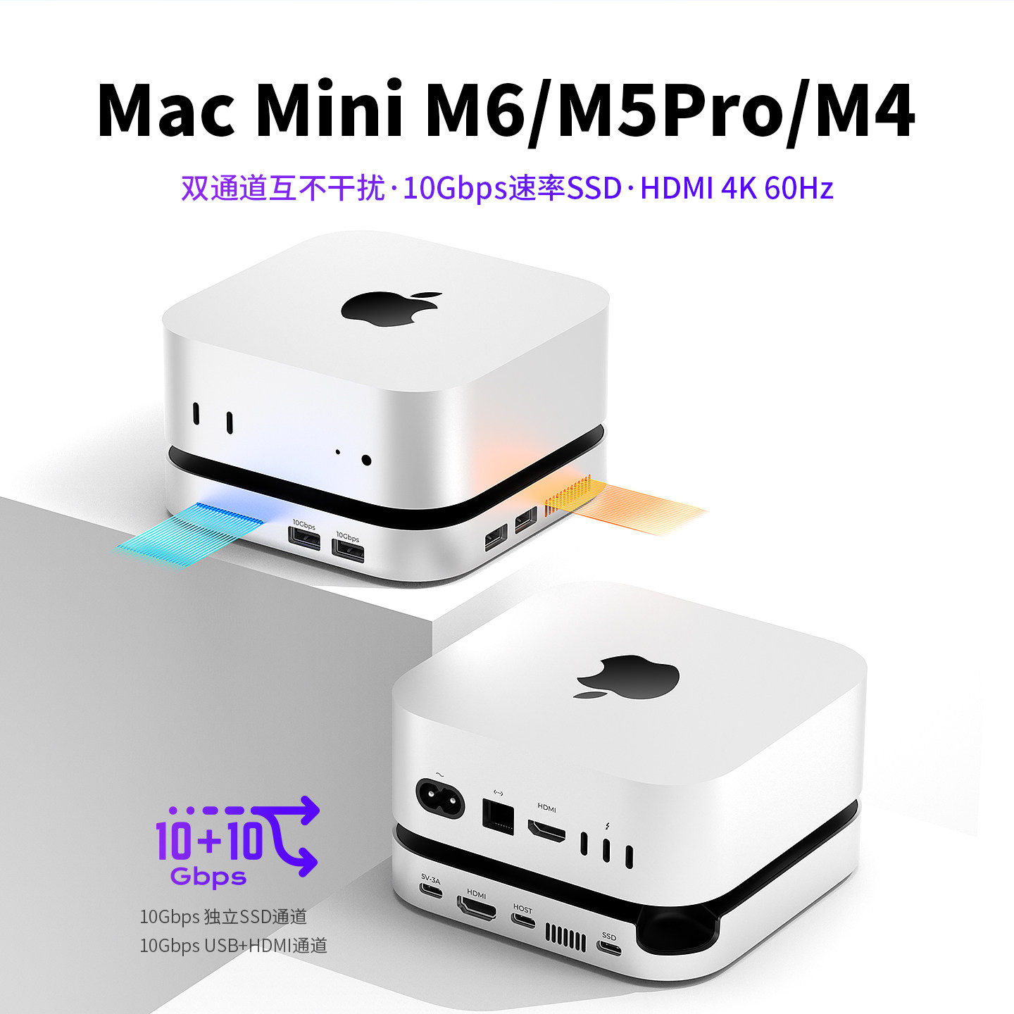 适用MacminiM6/M5Pro拓展坞M4/M4pro双通道USB4满速拓展底座USB3.2/USB4固态硬盘扩容铝合金40Gbps底座扩展