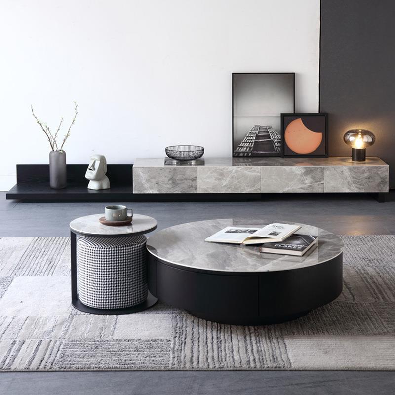 意式轻奢进口岩板可伸缩电视柜茶几组合极简大小户型客厅拉伸地柜