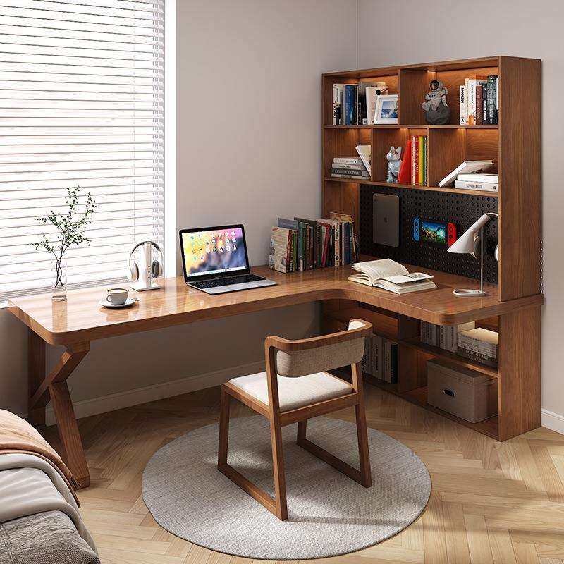 转角书桌书柜一体实木电脑桌家用收纳书架书桌组合拐角写字桌书柜