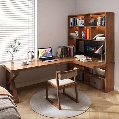 转角书桌书柜一体实木电脑桌家用收纳书架书桌组合拐角写字桌书柜