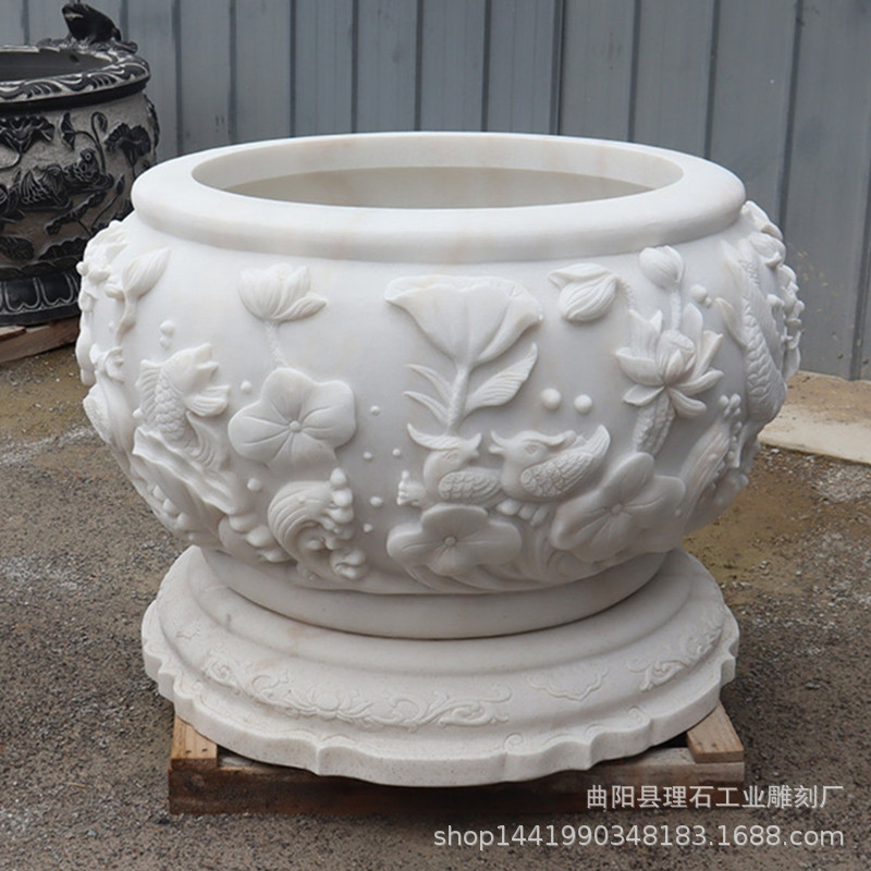 石雕鱼缸汉白玉荷花鱼石缸户外大型养鱼种花水缸别墅庭院门海摆件