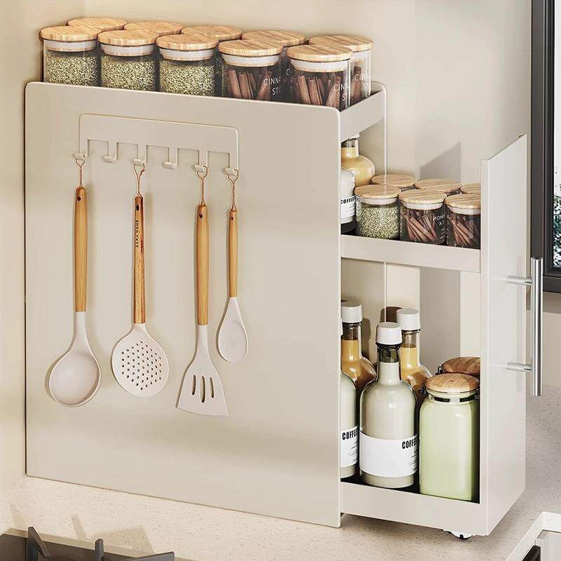 奶油风转角厨房调料置物架可抽拉台面防尘调味品多功能收纳储物架