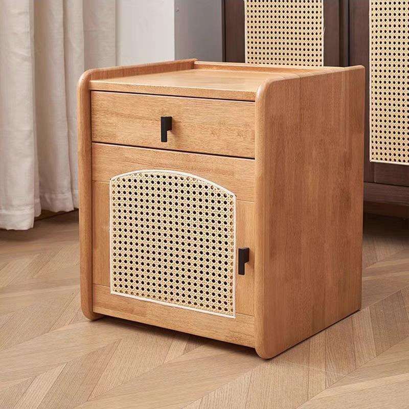 北欧实木床头柜日式藤编橡胶木床边柜卧室床边收纳储物柜小柜子