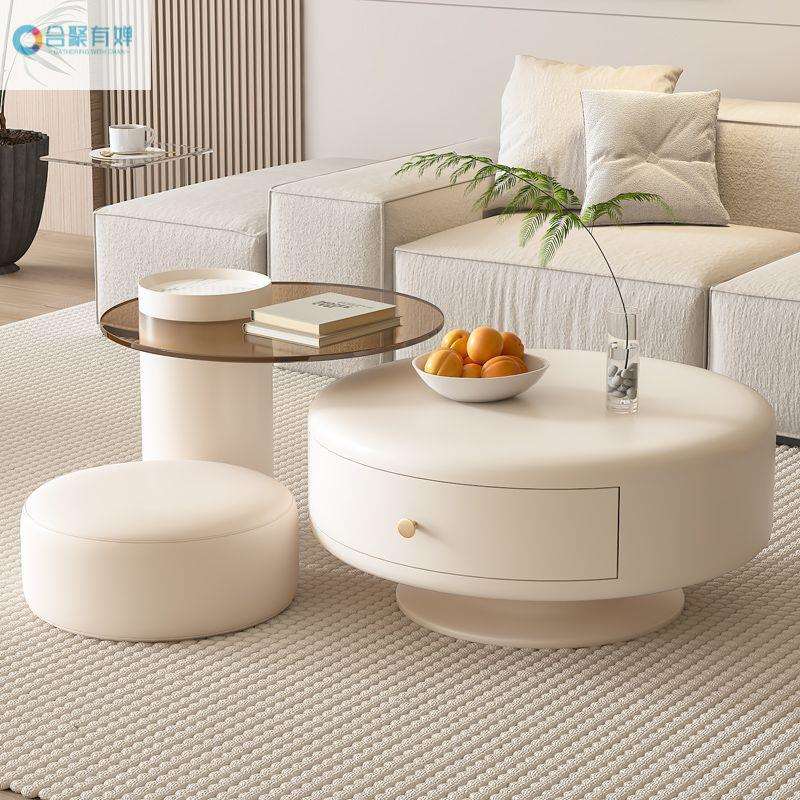 奶油风圆形茶几客厅家用简约现代小户型2025新款轻奢高级感茶几桌
