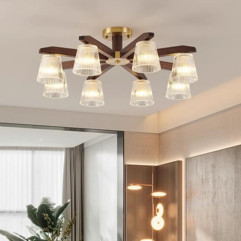 新中式客厅吊灯黑胡桃木现代中古风奶油风大厅吸顶主灯中国风全铜