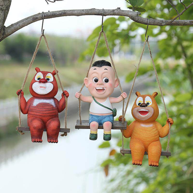 花园装饰户外庭院卡通动物秋千熊树脂摆件阳台树上田园风挂件
